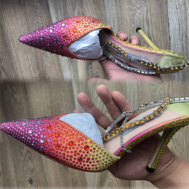 2023 Colorful Rhinestone Chain 34-43 Lady Sandals Summer Party Wedding Bridal High Heels 7cm/10cm Open Toe Brand Women's Shoes
