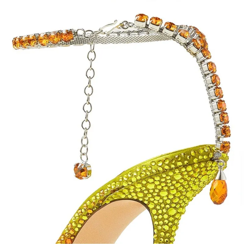 2023 Colorful Rhinestone Chain 34-43 Lady Sandals Summer Party Wedding Bridal High Heels 7cm/10cm Open Toe Brand Women's Shoes