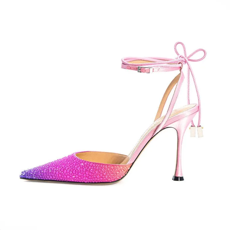 2023 Colorful Rhinestone Chain 34-43 Lady Sandals Summer Party Wedding Bridal High Heels 7cm/10cm Open Toe Brand Women's Shoes