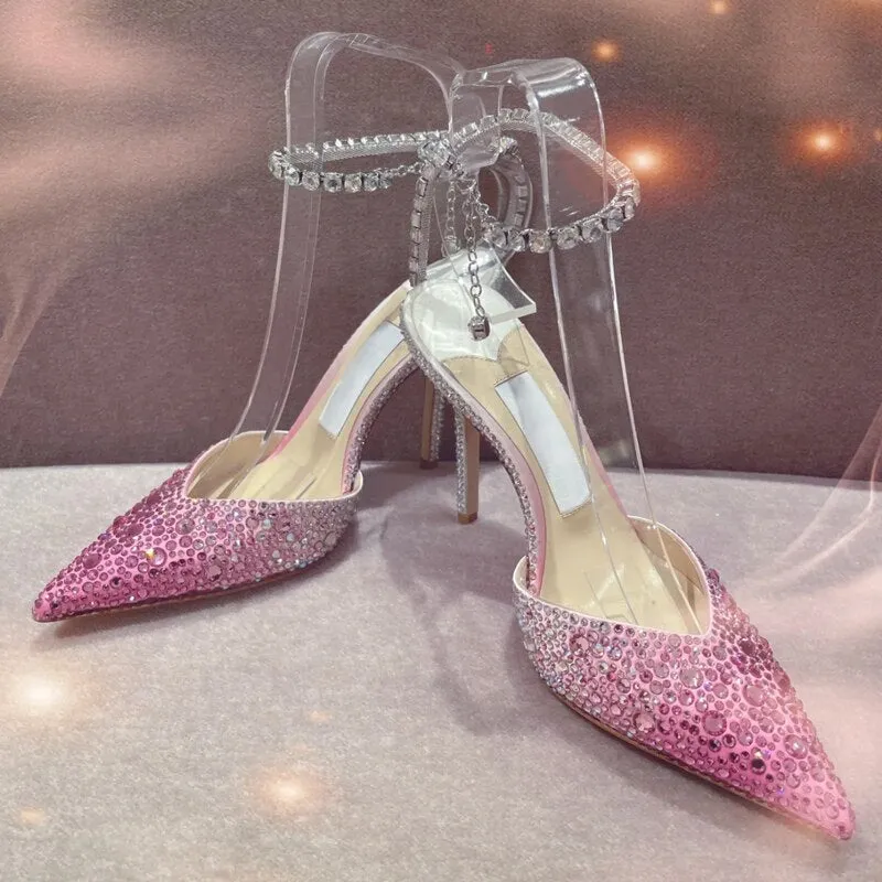 2023 Colorful Rhinestone Chain 34-43 Lady Sandals Summer Party Wedding Bridal High Heels 7cm/10cm Open Toe Brand Women's Shoes