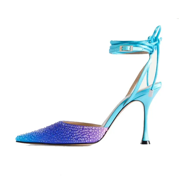 2023 Colorful Rhinestone Chain 34-43 Lady Sandals Summer Party Wedding Bridal High Heels 7cm/10cm Open Toe Brand Women's Shoes