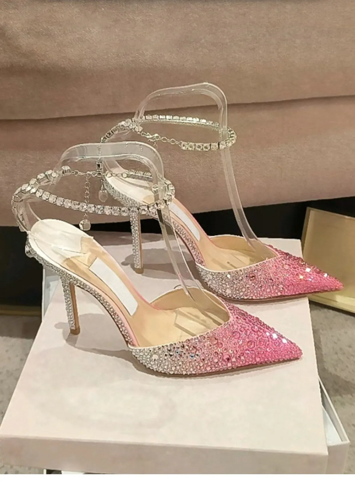 2023 Colorful Rhinestone Chain 34-43 Lady Sandals Summer Party Wedding Bridal High Heels 7cm/10cm Open Toe Brand Women's Shoes