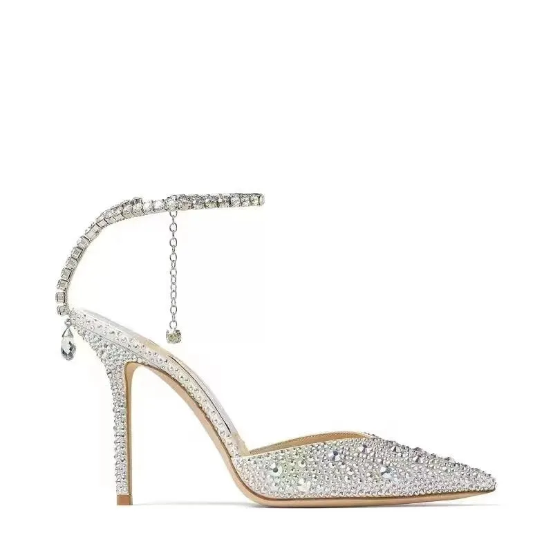 2023 Colorful Rhinestone Chain 34-43 Lady Sandals Summer Party Wedding Bridal High Heels 7cm/10cm Open Toe Brand Women's Shoes