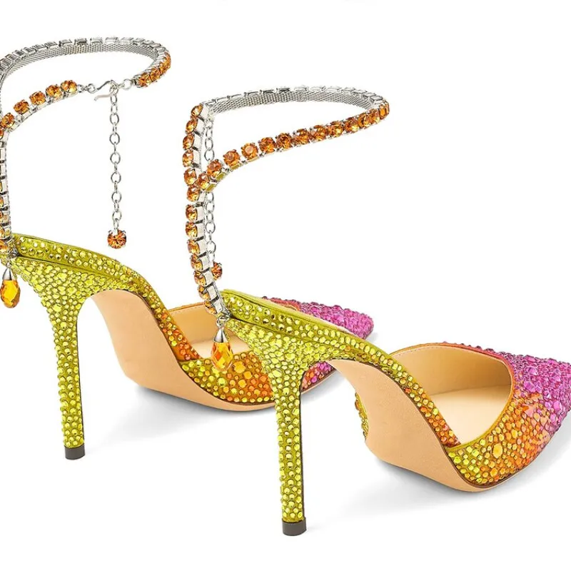 2023 Colorful Rhinestone Chain 34-43 Lady Sandals Summer Party Wedding Bridal High Heels 7cm/10cm Open Toe Brand Women's Shoes