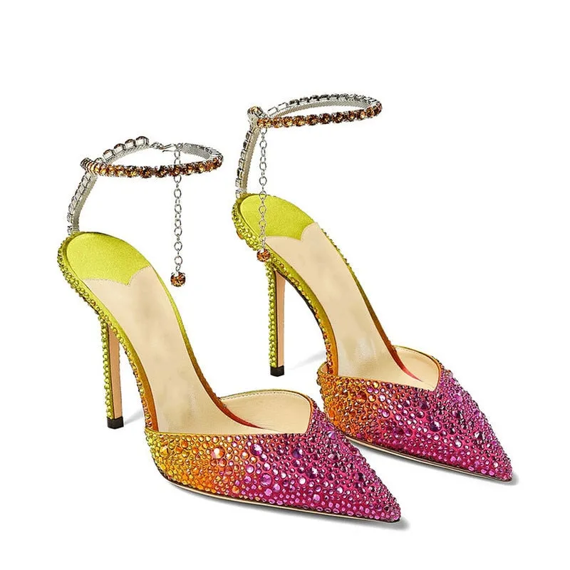 2023 Colorful Rhinestone Chain 34-43 Lady Sandals Summer Party Wedding Bridal High Heels 7cm/10cm Open Toe Brand Women's Shoes