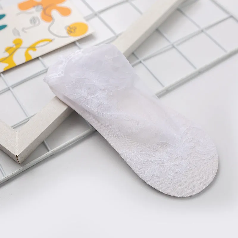 5 Pairs Women Thin Leaves Lace Invisible Non-slip Socks