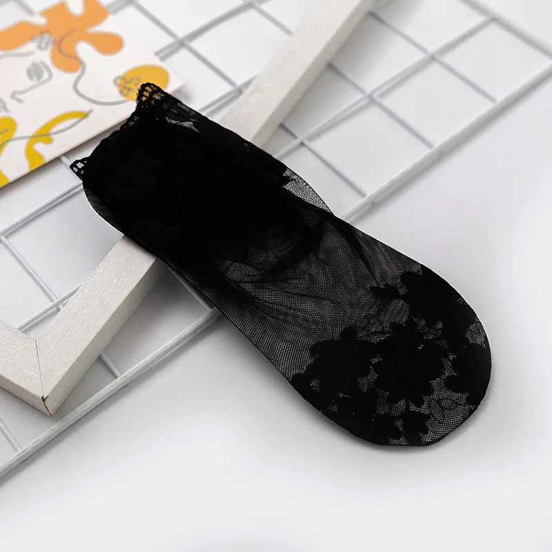 5 Pairs Women Thin Leaves Lace Invisible Non-slip Socks
