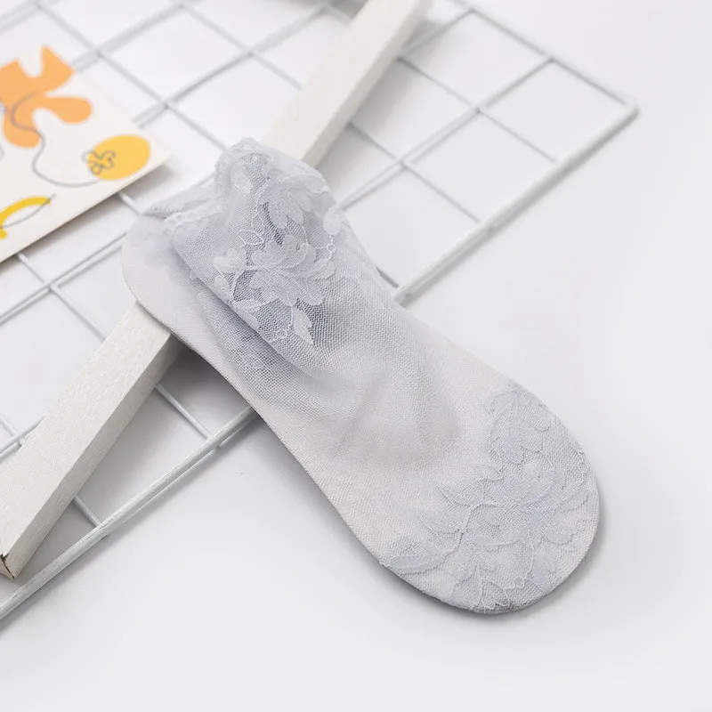 5 Pairs Women Thin Leaves Lace Invisible Non-slip Socks