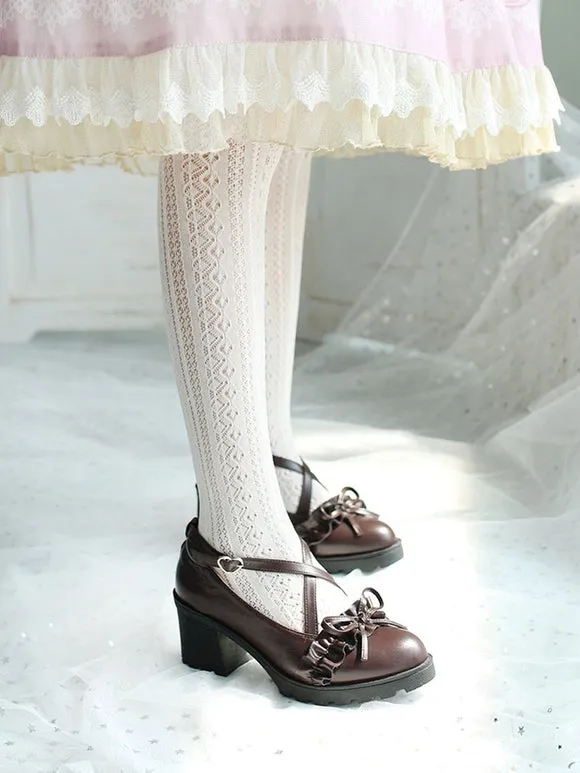 Academic Lolita Footwear Deep Brown Ruffles Bows Round Toe PU Leather Lolita Shoes