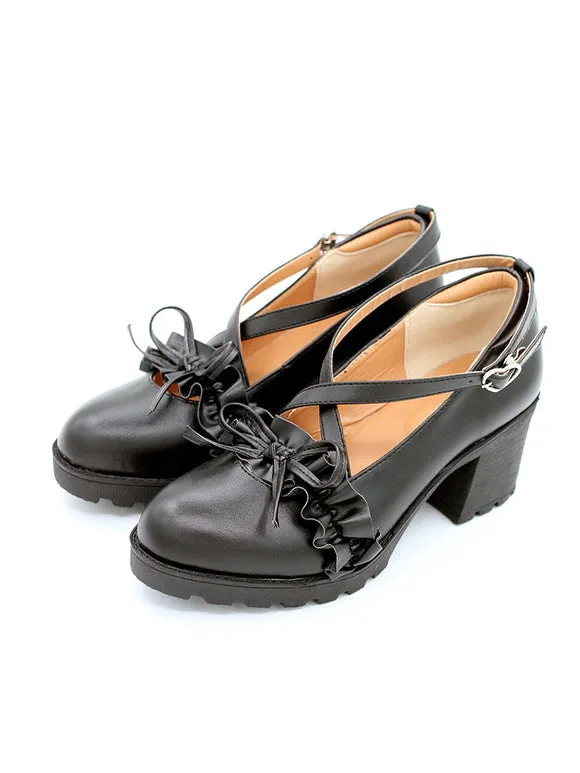 Academic Lolita Footwear Deep Brown Ruffles Bows Round Toe PU Leather Lolita Shoes