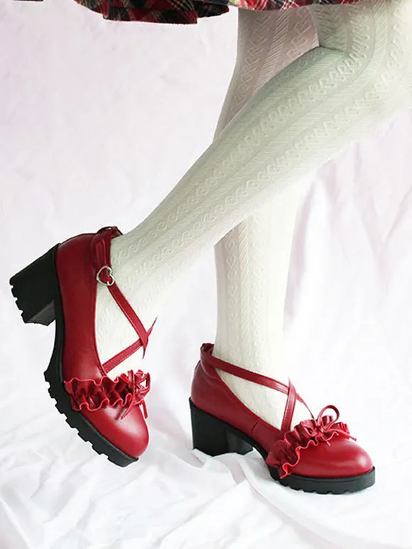 Academic Lolita Footwear Deep Brown Ruffles Bows Round Toe PU Leather Lolita Shoes