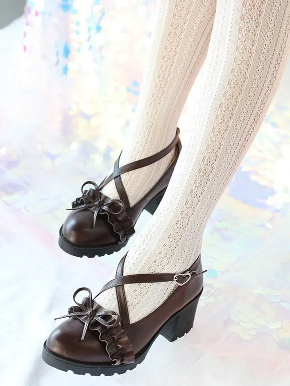 Academic Lolita Footwear Deep Brown Ruffles Bows Round Toe PU Leather Lolita Shoes