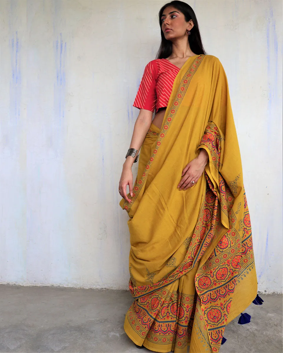 Ahana Handprinted Cotton Saree - Ajooni