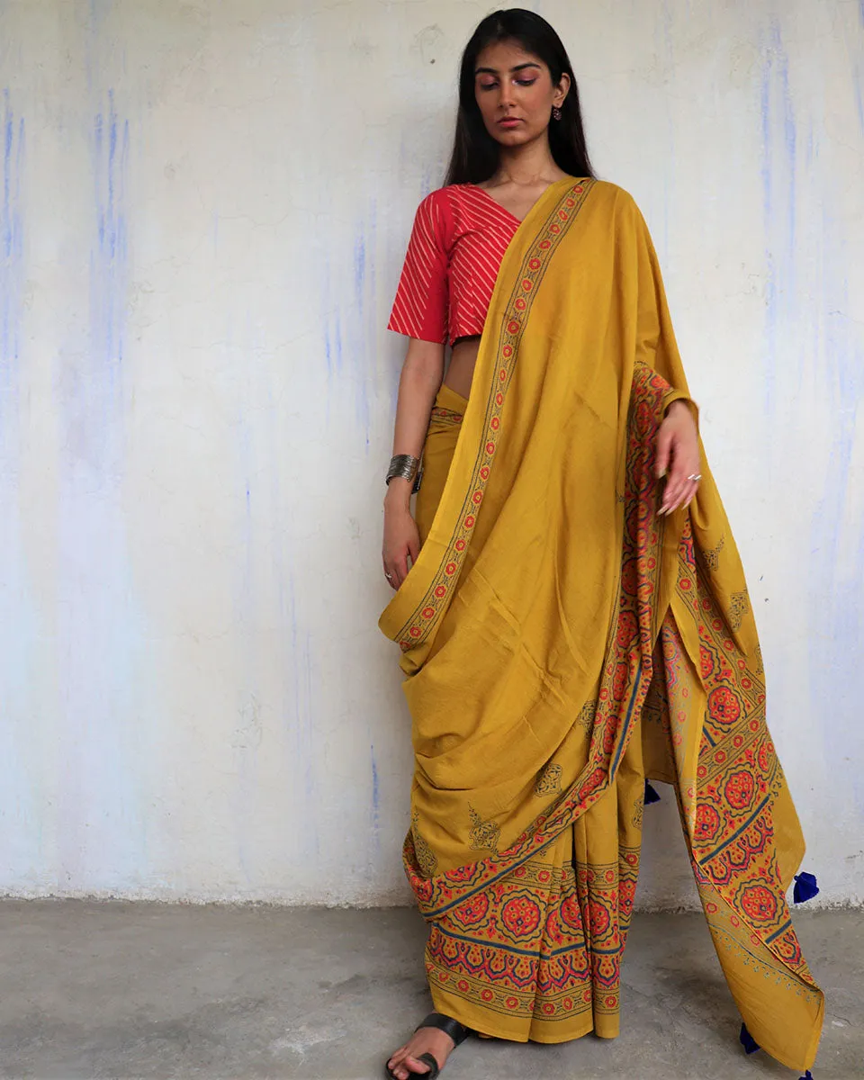 Ahana Handprinted Cotton Saree - Ajooni