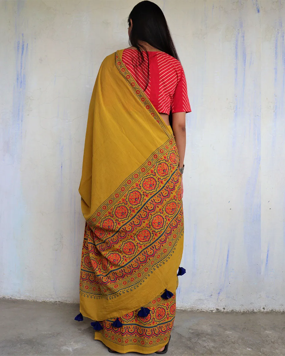 Ahana Handprinted Cotton Saree - Ajooni