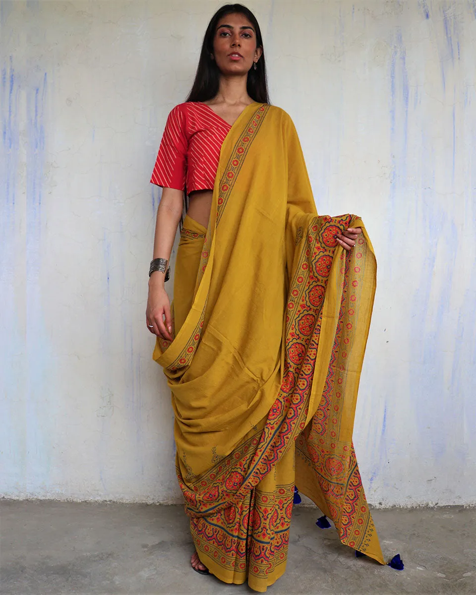 Ahana Handprinted Cotton Saree - Ajooni