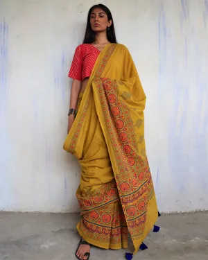 Ahana Handprinted Cotton Saree - Ajooni