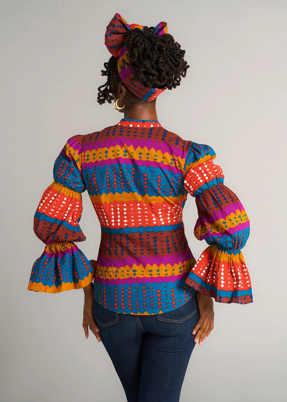 Amari Women's African Print Button-Up Top (Orange Teal Adire) - Clearance