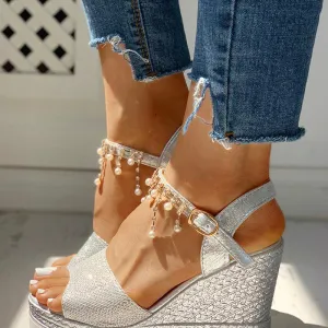 Bead Studded Platform Wedge Sandals