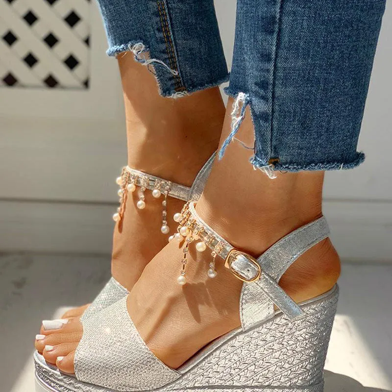 Bead Studded Platform Wedge Sandals