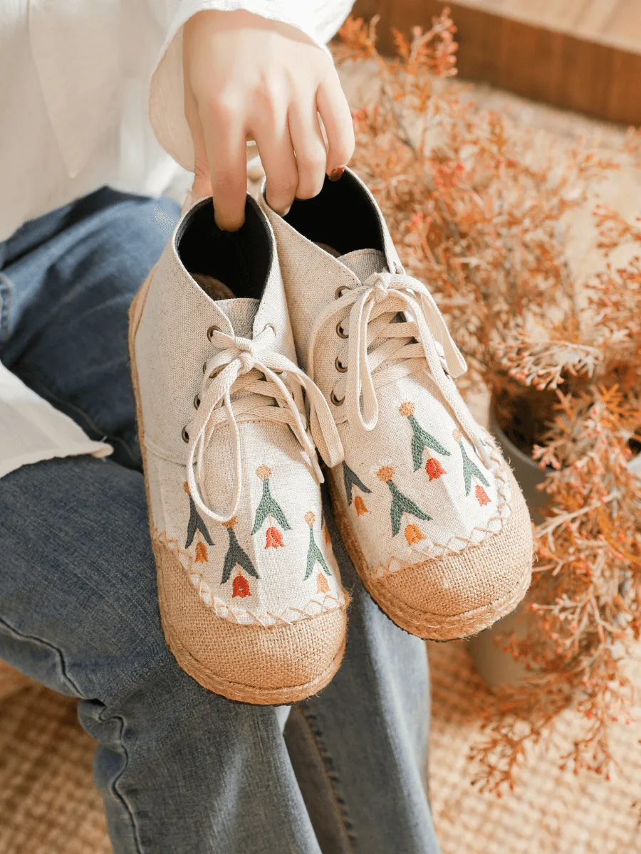Beige Retro Embroidered Linen Sneaker