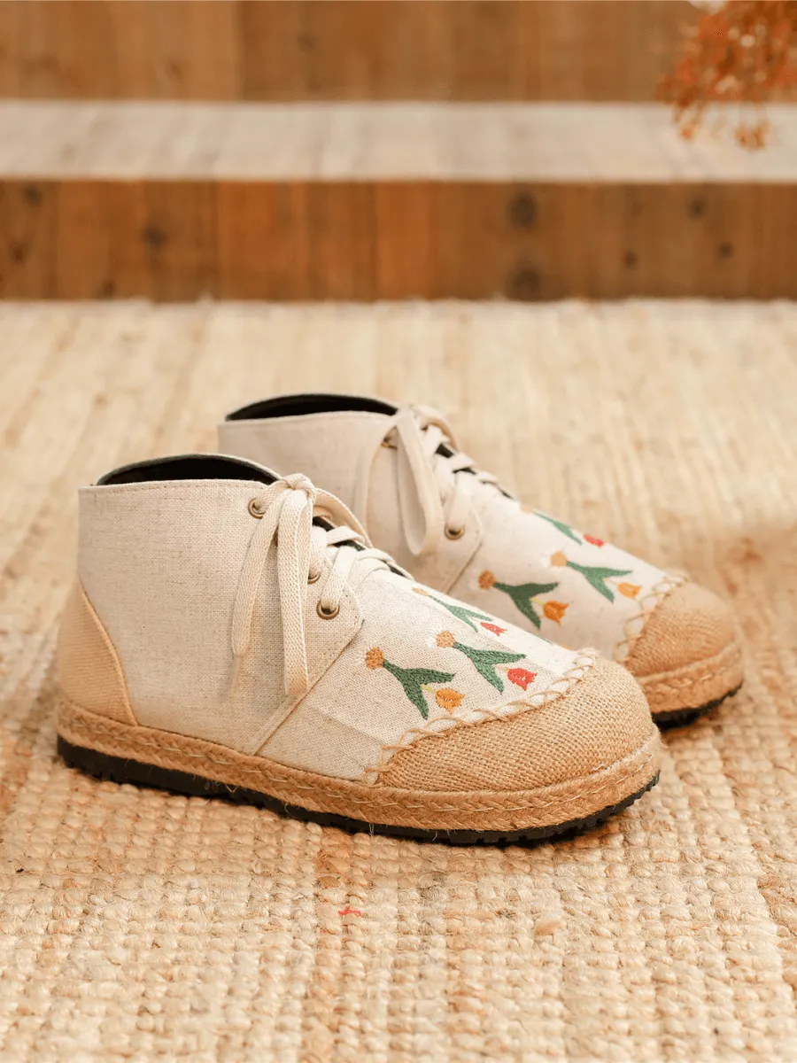 Beige Retro Embroidered Linen Sneaker