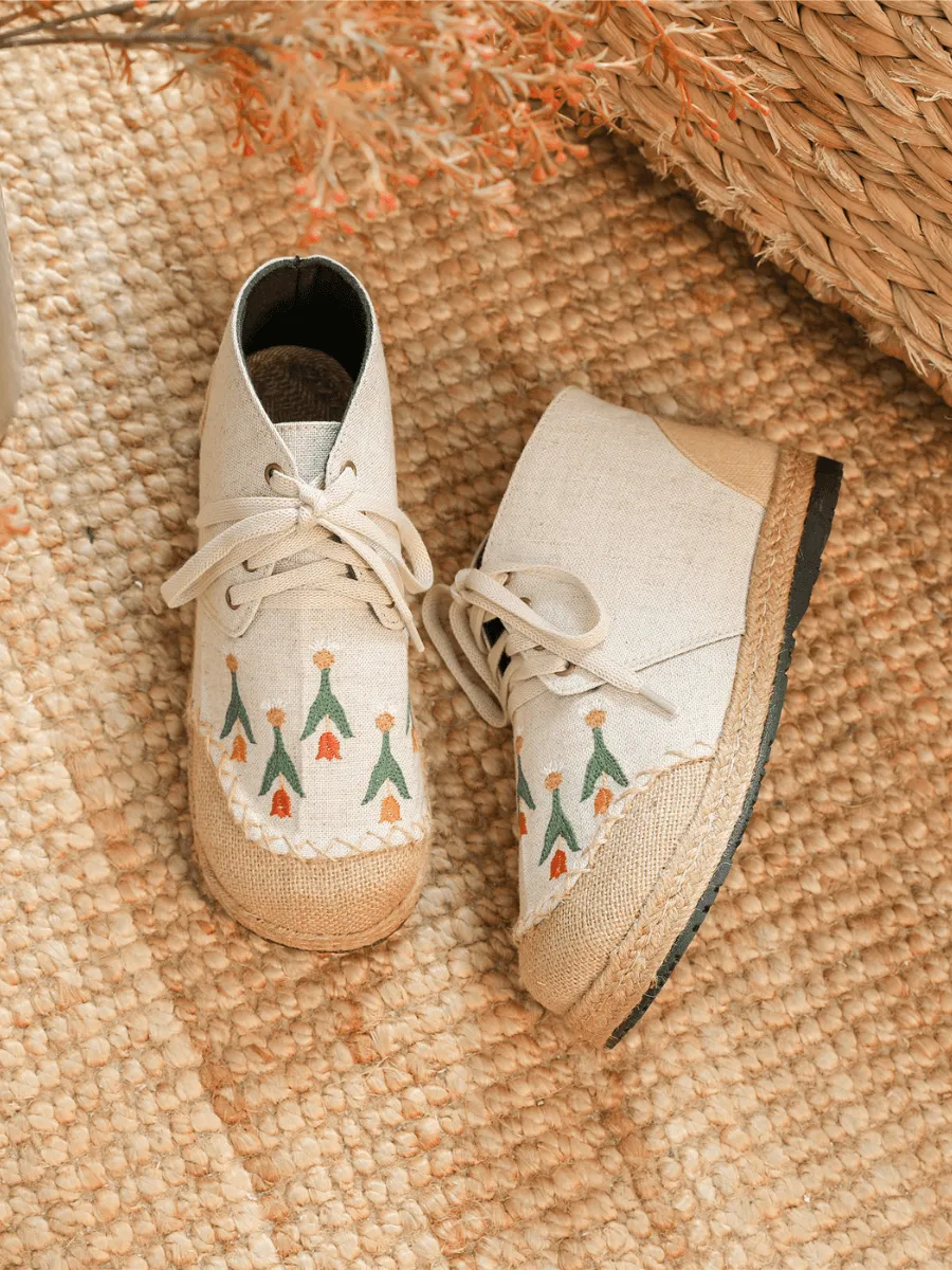 Beige Retro Embroidered Linen Sneaker