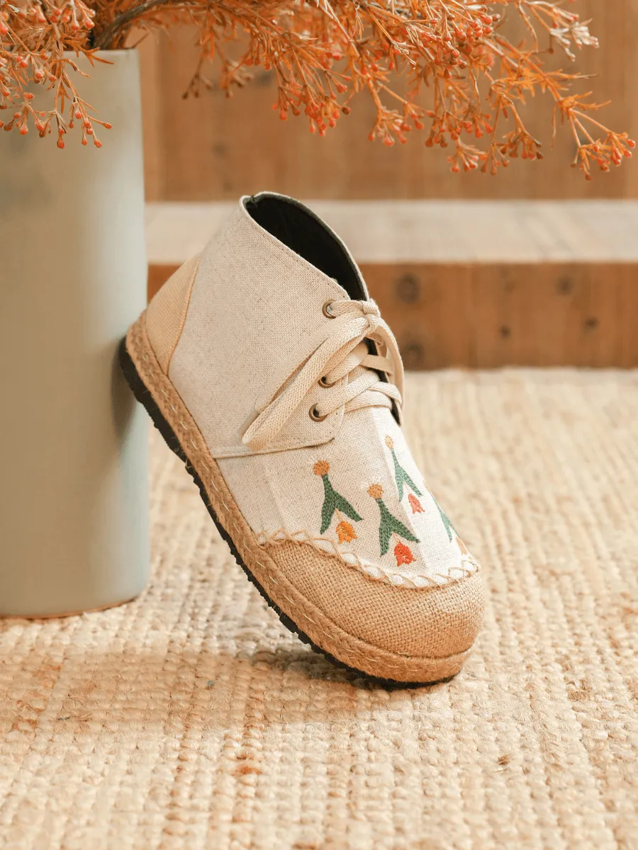 Beige Retro Embroidered Linen Sneaker