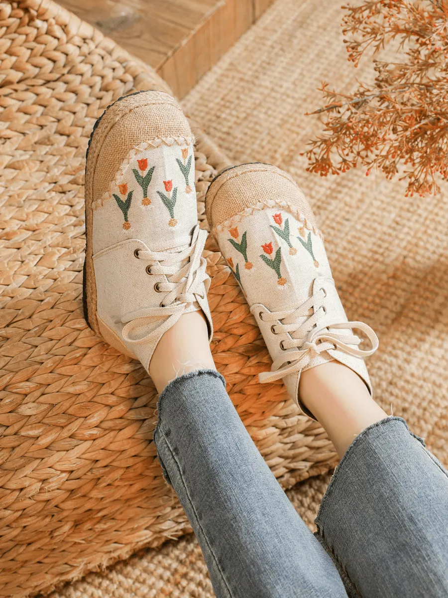 Beige Retro Embroidered Linen Sneaker