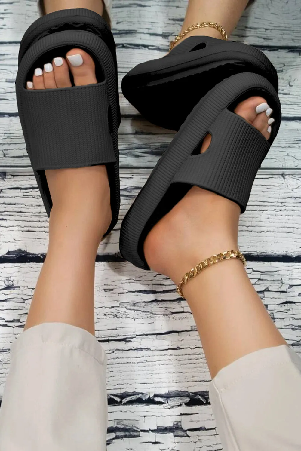 Black Hollow-out Thick Soled Slip On Slippers