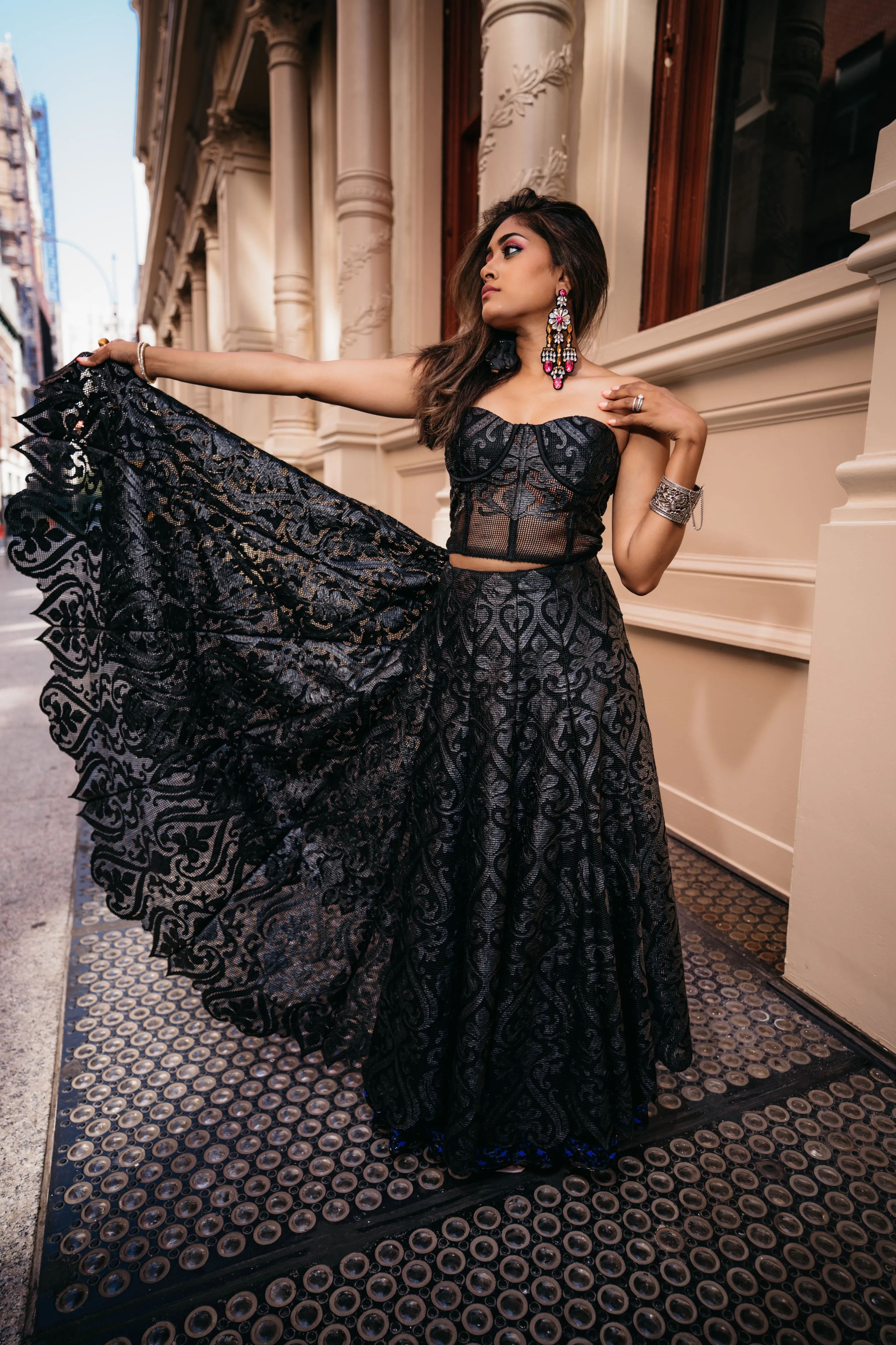Black Laser Cut Mesh Lehenga with Corset