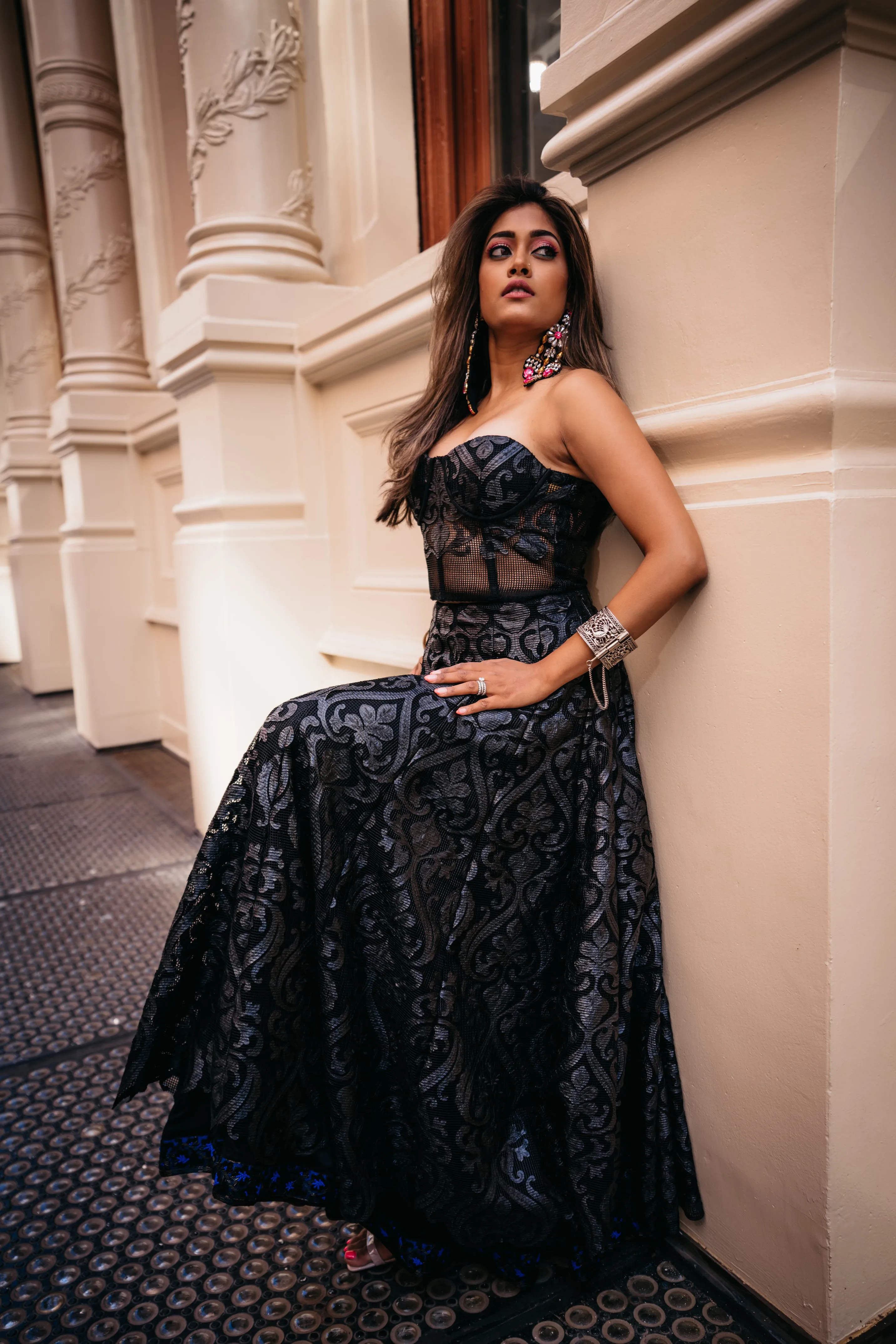 Black Laser Cut Mesh Lehenga with Corset