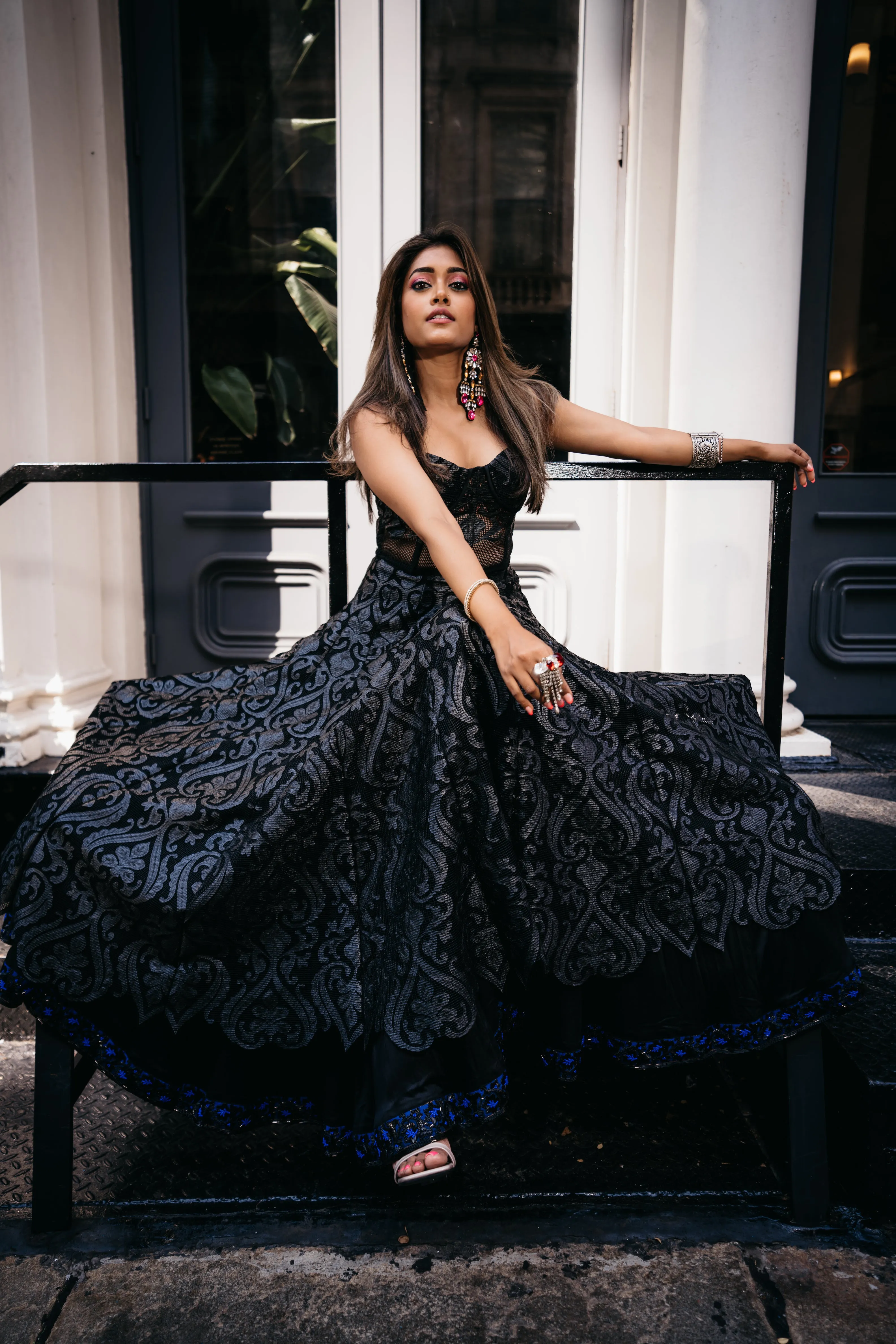 Black Laser Cut Mesh Lehenga with Corset