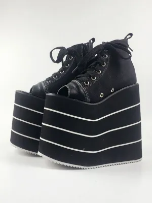 Black Lolita Shoes Open Toe Platform Geometric Heel Lace Up Canvas Lolita Shoes