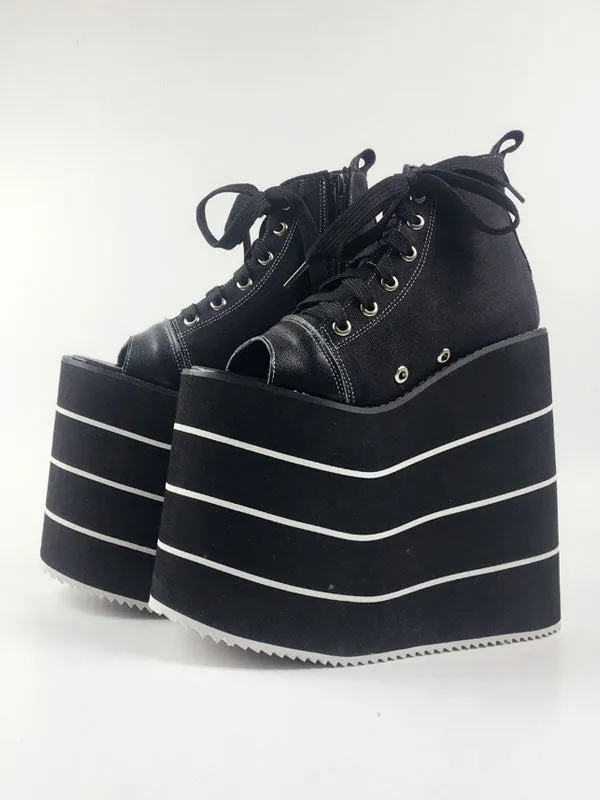 Black Lolita Shoes Open Toe Platform Geometric Heel Lace Up Canvas Lolita Shoes