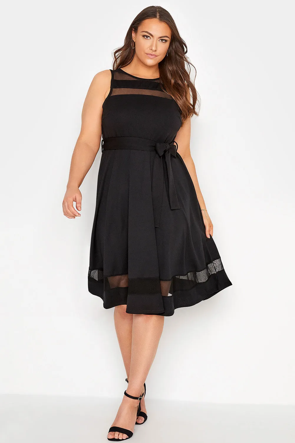 Black Plus Size Mesh Panel Skater Dress