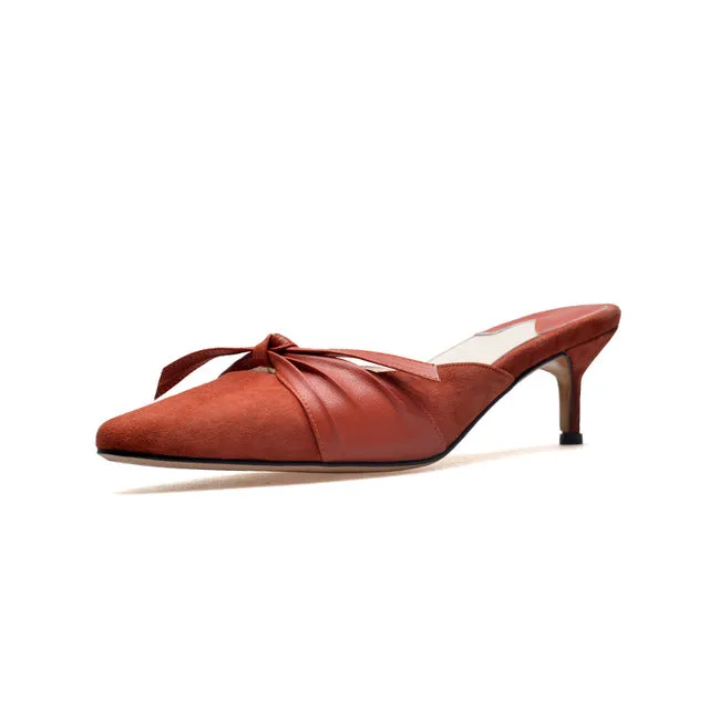 BONJOMARISA Large size34-43 Kid Sued Genuine Leather Mules Pointed Toe High Heels Woman Shoes Butterfly Knot Pumps
