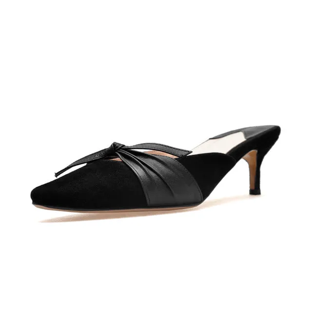 BONJOMARISA Large size34-43 Kid Sued Genuine Leather Mules Pointed Toe High Heels Woman Shoes Butterfly Knot Pumps