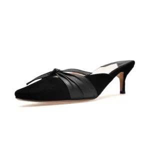 BONJOMARISA Large size34-43 Kid Sued Genuine Leather Mules Pointed Toe High Heels Woman Shoes Butterfly Knot Pumps