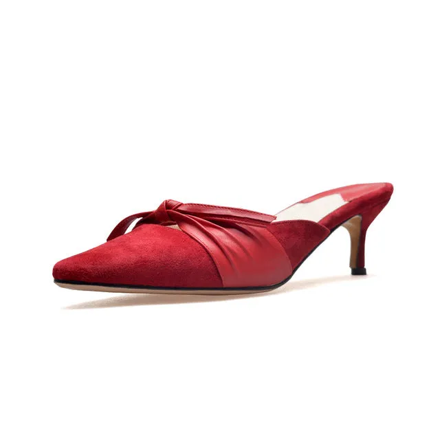BONJOMARISA Large size34-43 Kid Sued Genuine Leather Mules Pointed Toe High Heels Woman Shoes Butterfly Knot Pumps