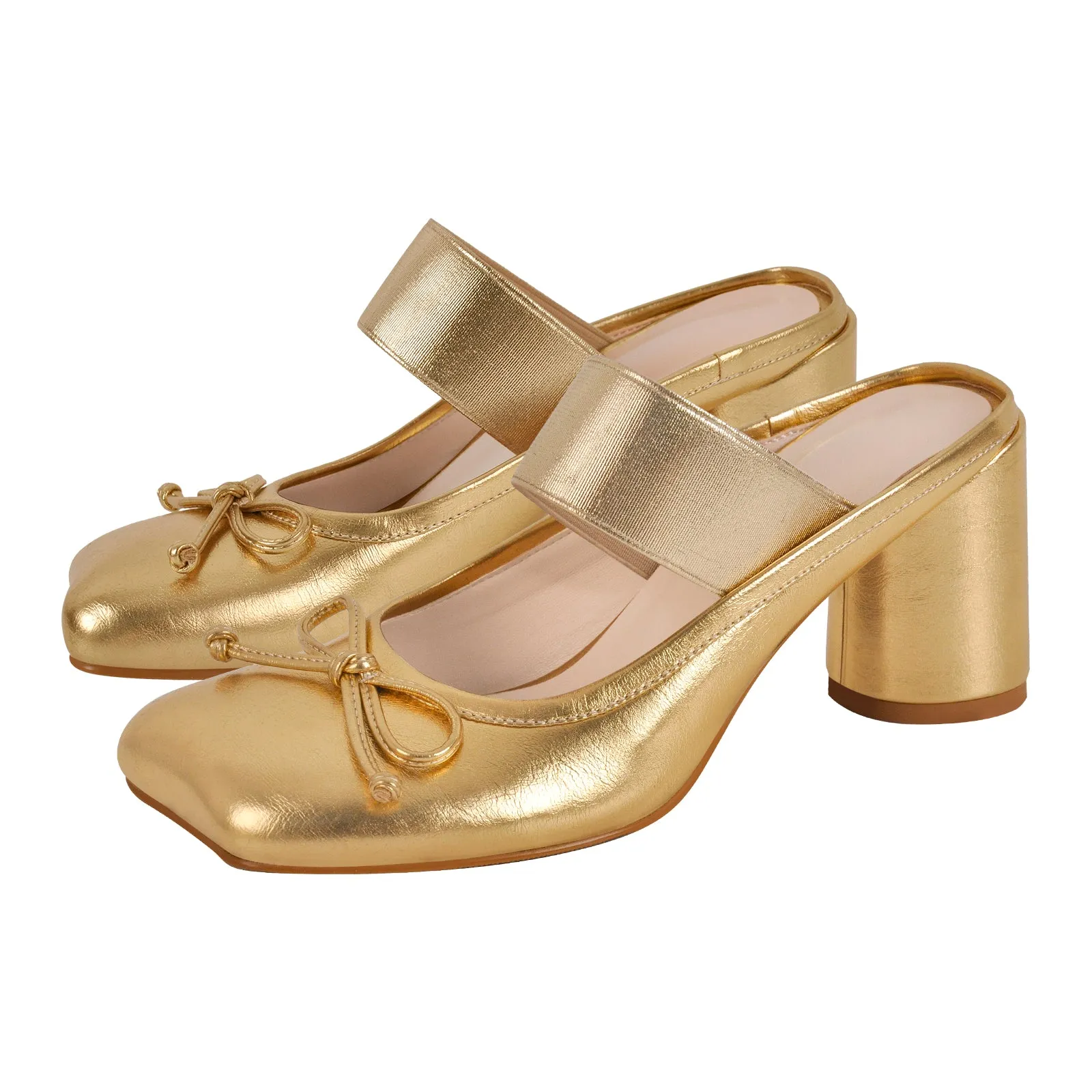 Bow Square Toe Chunky Heel Mule Pumps