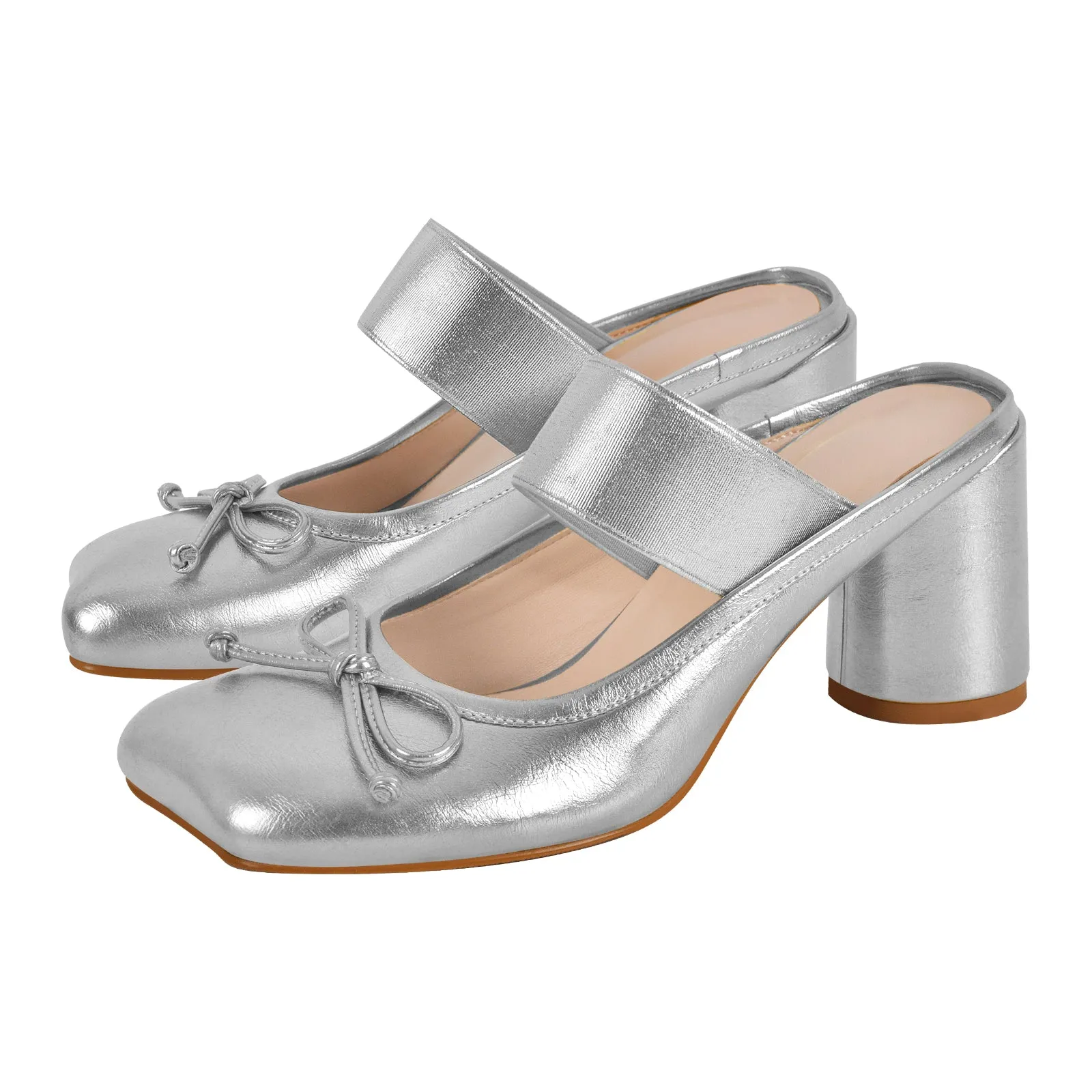 Bow Square Toe Chunky Heel Mule Pumps