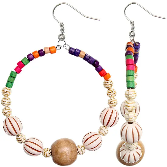 Brown Wooden Beaded Coil Hoop Earrings