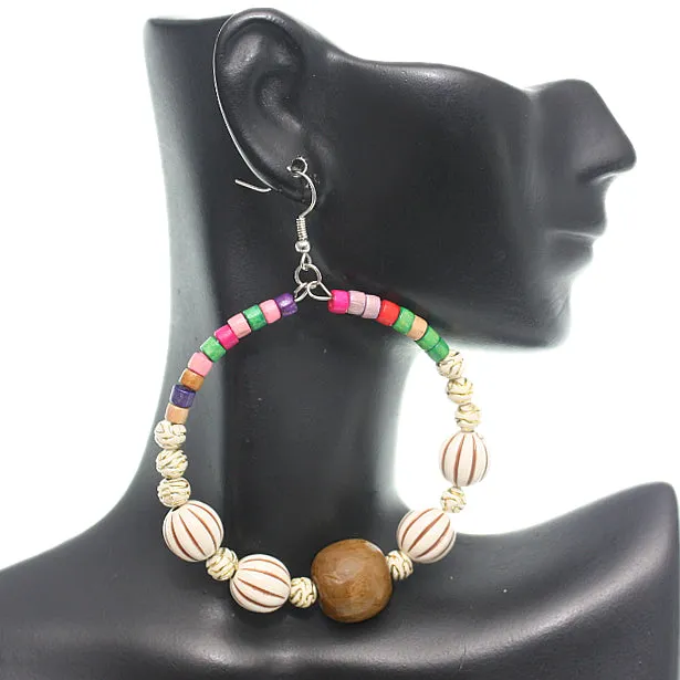 Brown Wooden Beaded Coil Hoop Earrings