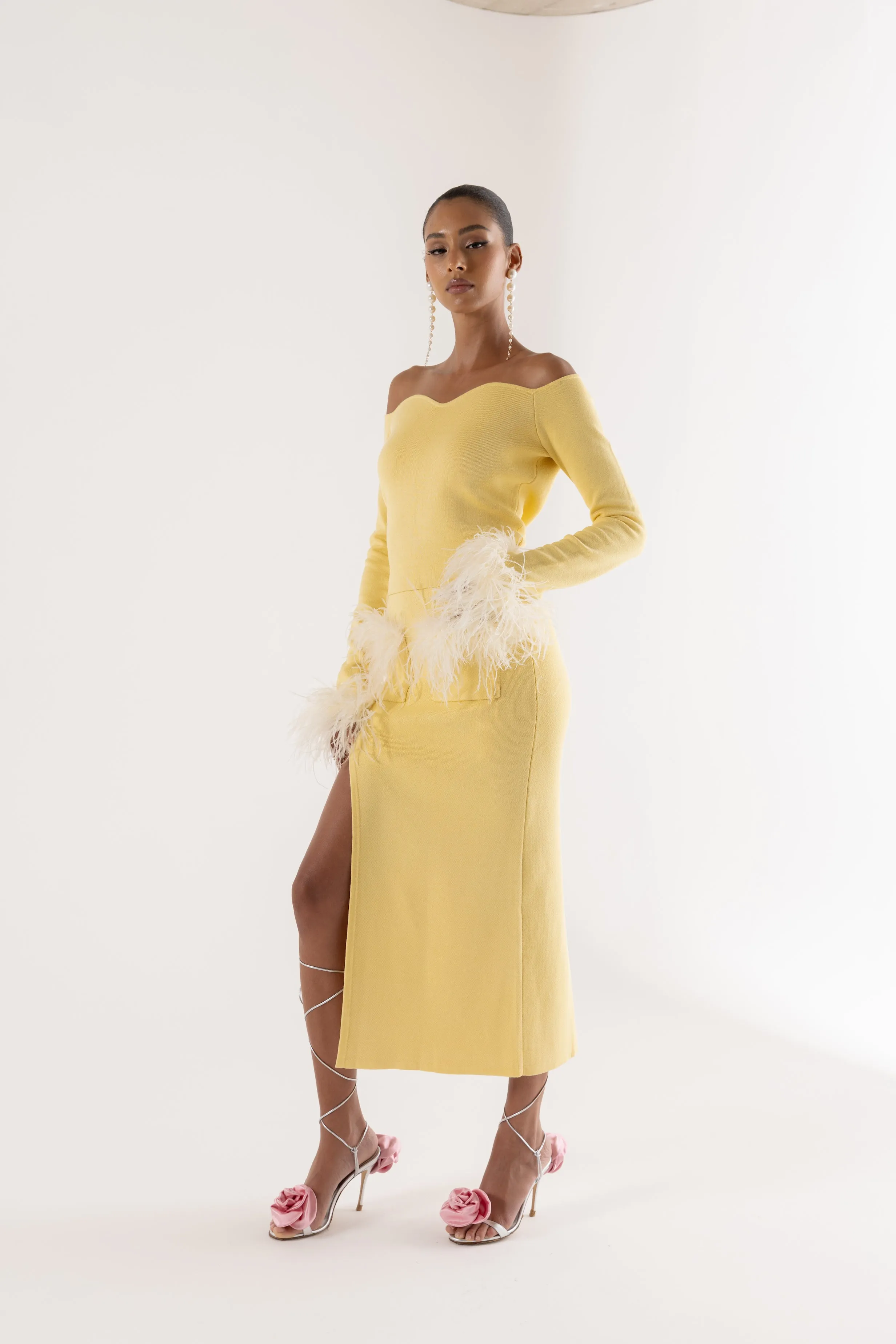 Butter Yellow Vanilla Knit Skirt With Feathers