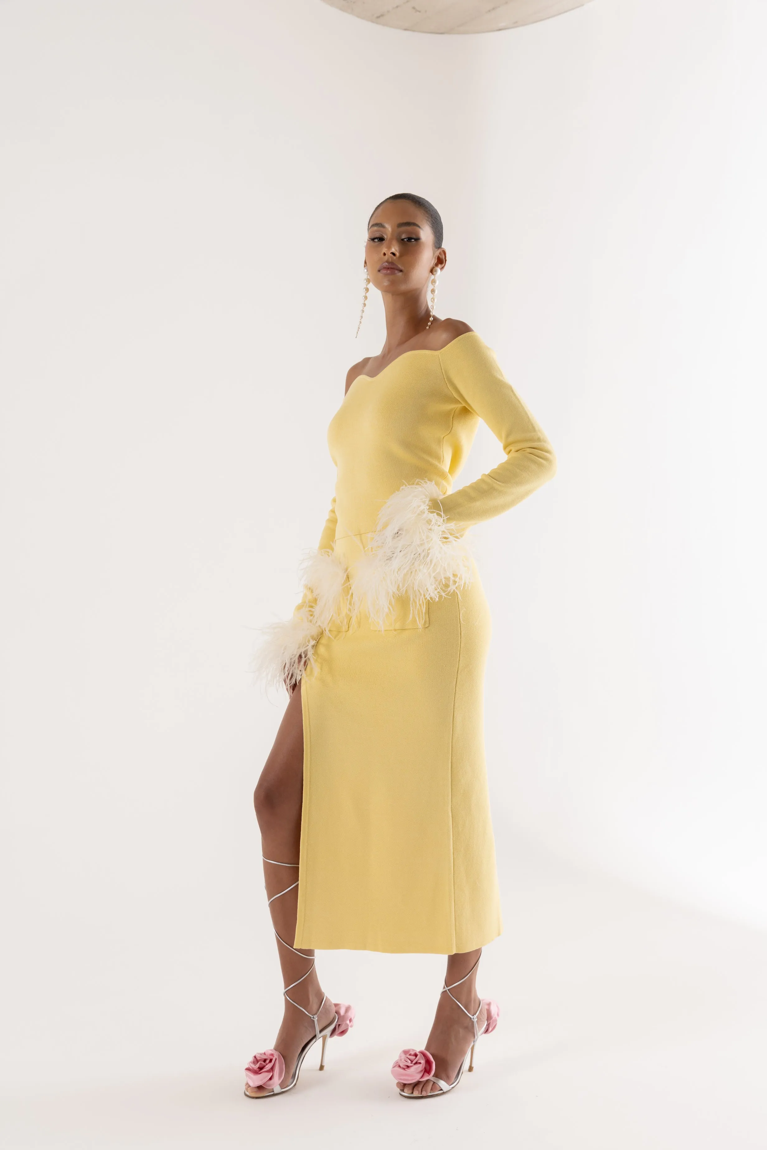 Butter Yellow Vanilla Knit Skirt With Feathers