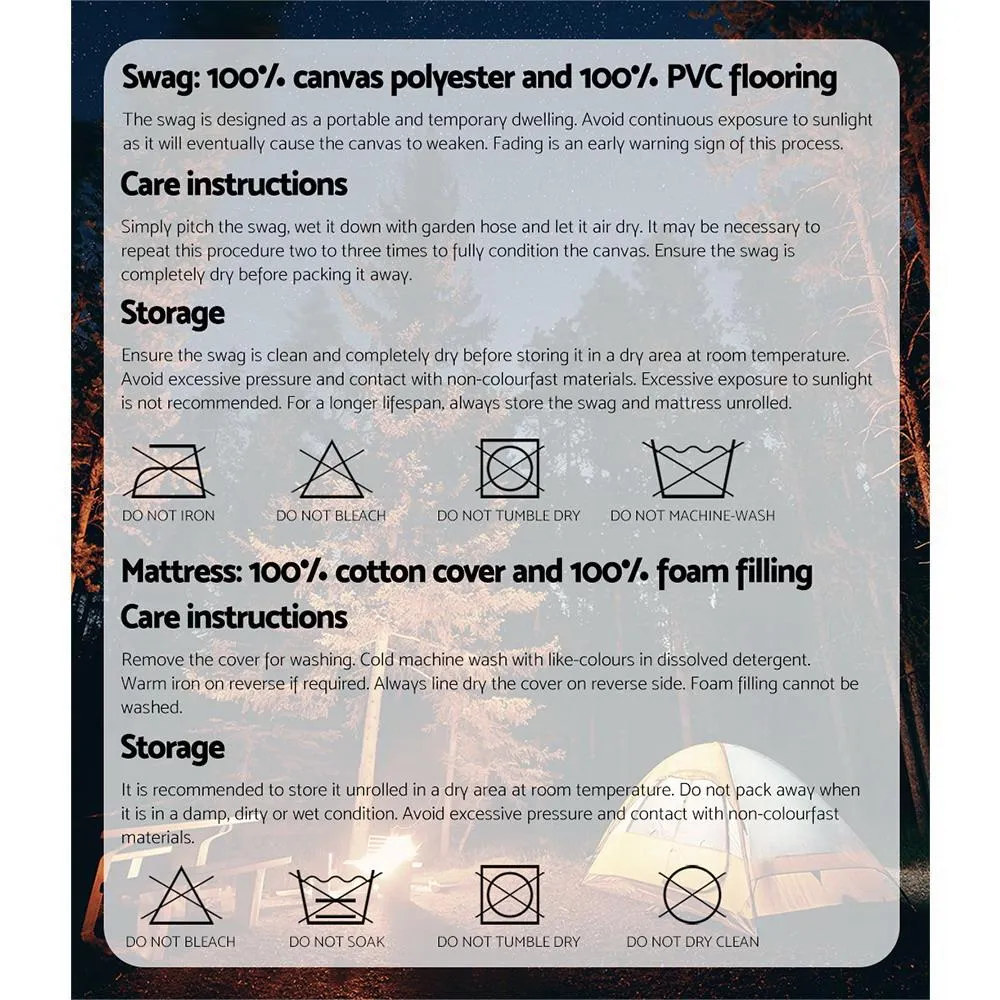 Camping Swags King Single Swag Canvas Tent Deluxe Dark Grey Large