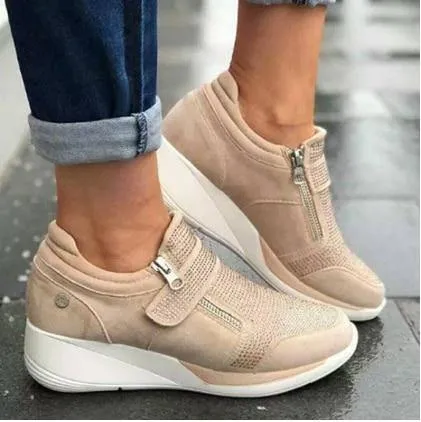 Casual Shoes Wedge Flat Shoes Zipper Lace Up Comfortable Ladies Sneakers Female Vulcanized Shoes