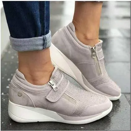 Casual Shoes Wedge Flat Shoes Zipper Lace Up Comfortable Ladies Sneakers Female Vulcanized Shoes