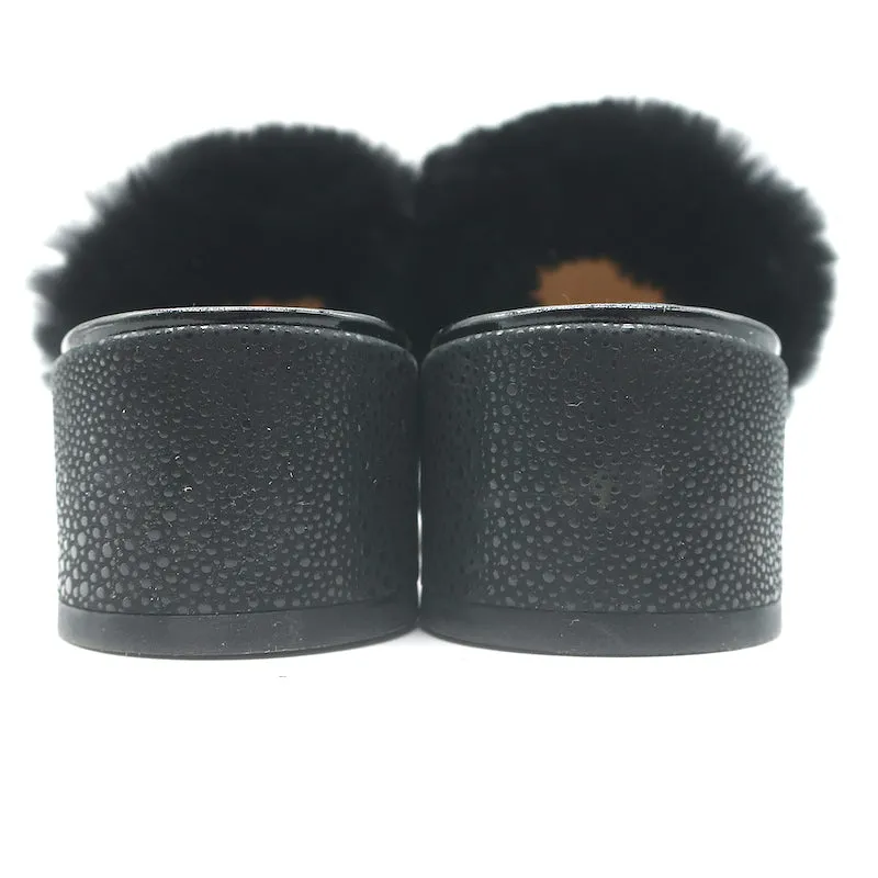 Christian Louboutin Boudiva Rabbit Fur-Trim Mules Black Pony Hair Size 39
